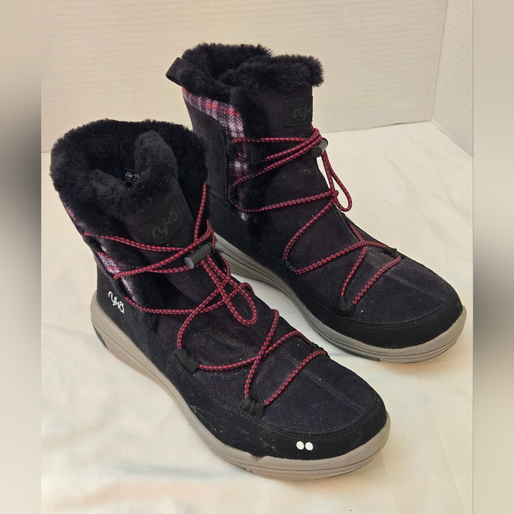 Women's Ryka Alyssa Ankle Boots Black Size 9.5W Faux Leather Slip On Faux Fur